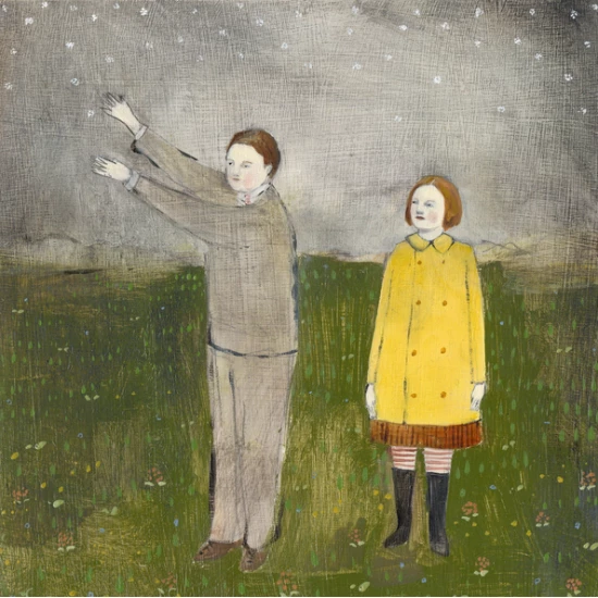 As Lucy watches, Jules collects the first snowflakes of winter print by Amanda Blake